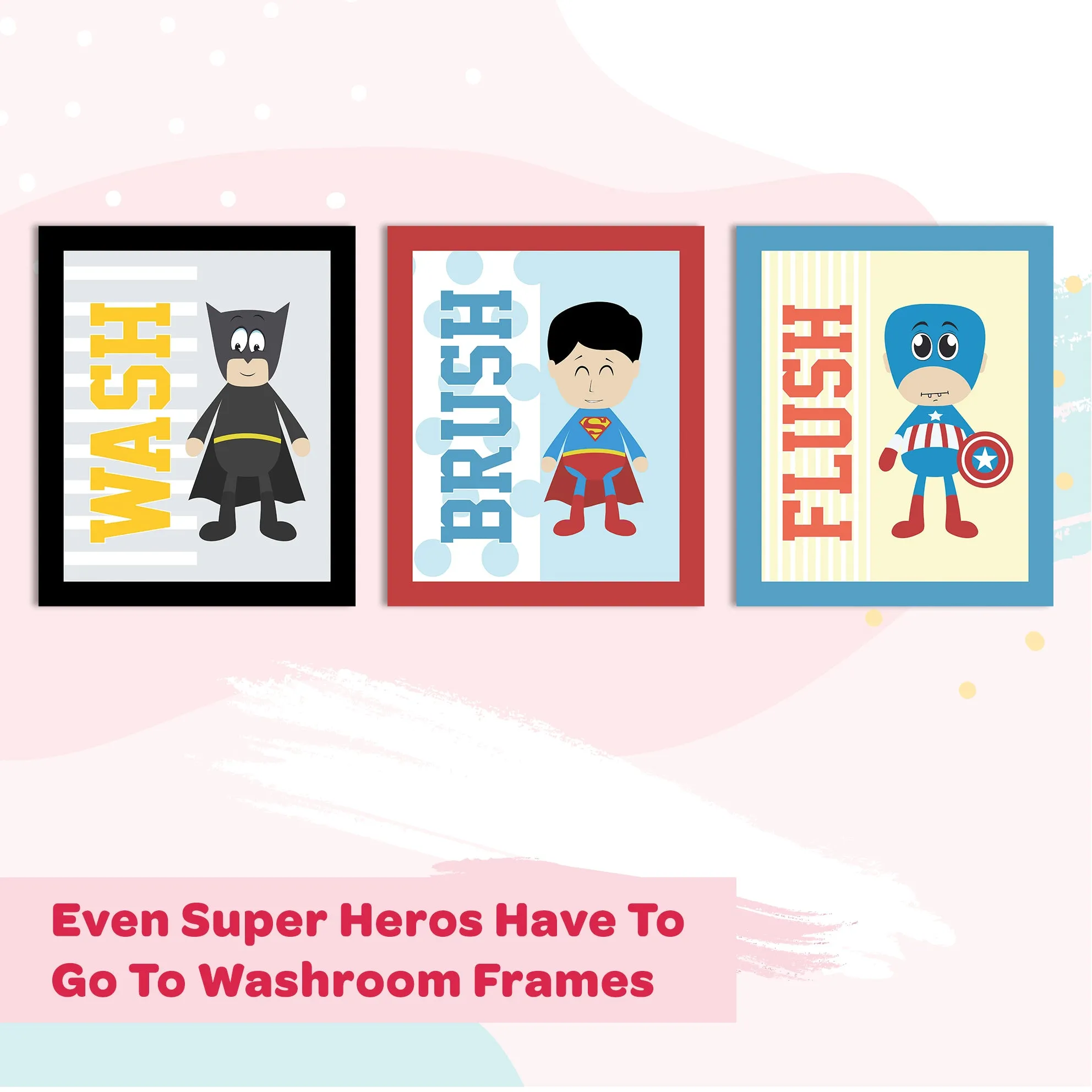 Even Super Heroes Have To Go To Washroom Bathroom Frames For Wall (Set of 3)