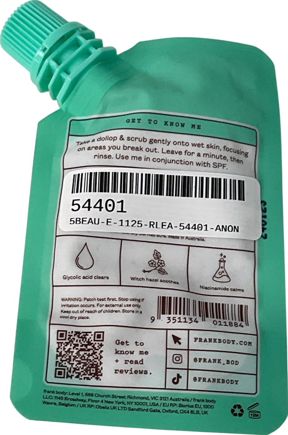 FRANK BODY Glycolic Body Scrub Green UK 30G
