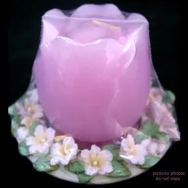 NEW PINK ROSE FLOWER CANDLE CERAMIC Display Floral Flowers HOLDER BASE DISH PLATE SET